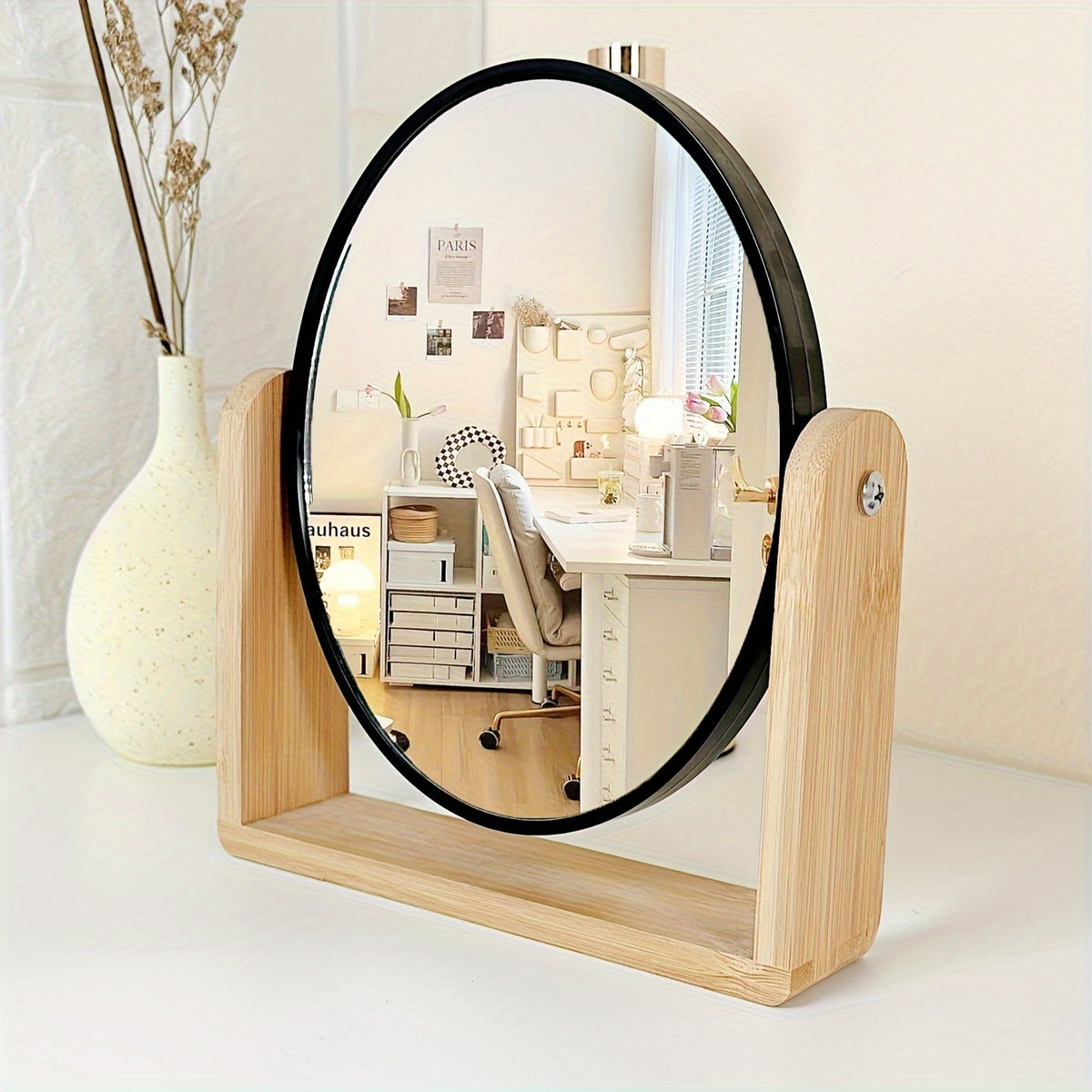Bamboo tabletop makeup mirror displayed on a vanity
