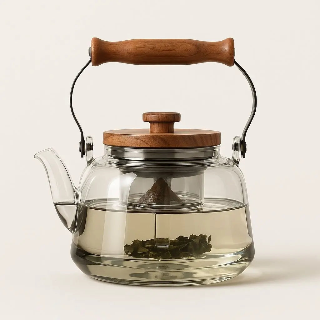 Smooth smoky glass teapot with arched wooden carry handle