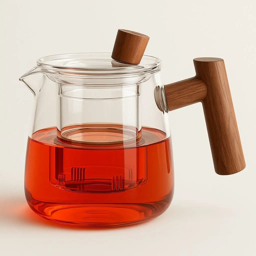 Clear borosilicate glass teapot with solid wood handle and tea inside