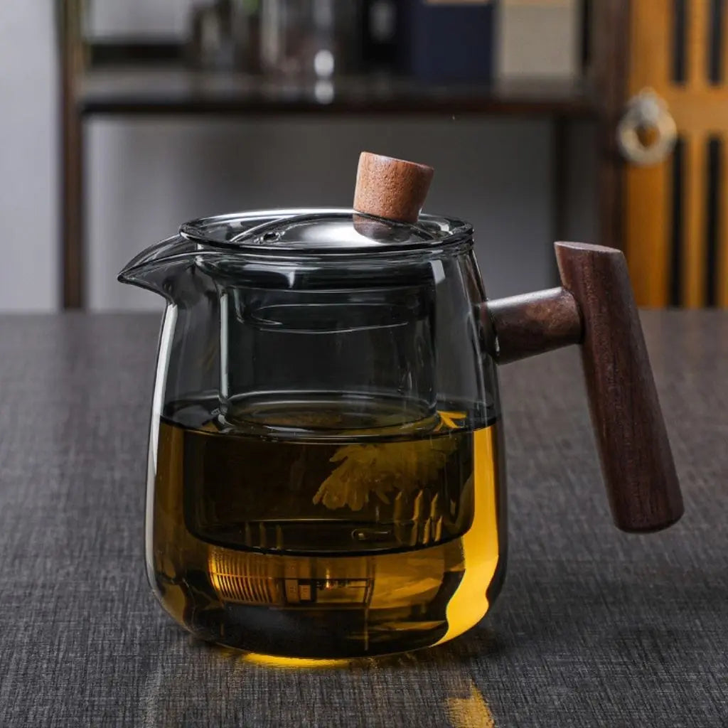 Smoky gray glass teapot with detachable infuser and solid wood handle