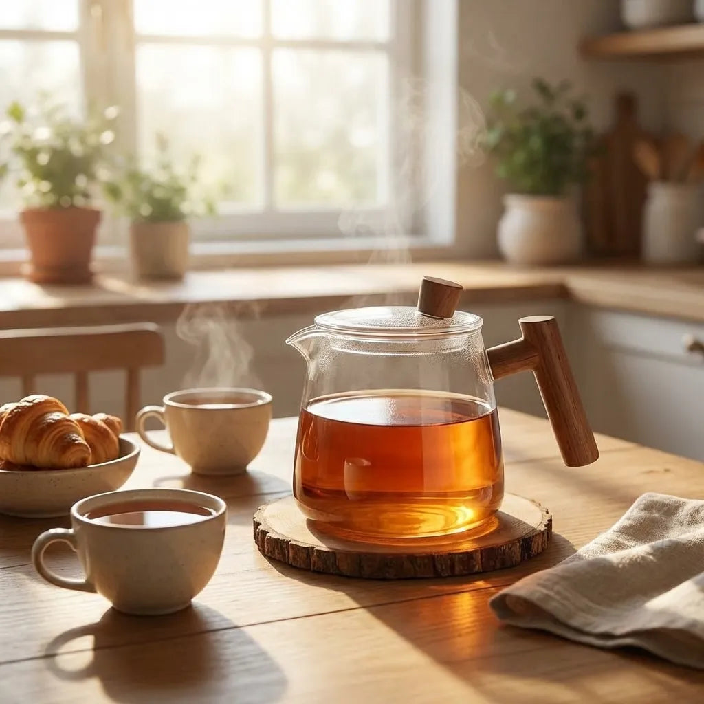 Clear borosilicate glass teapot with solid wood handle and tea inside