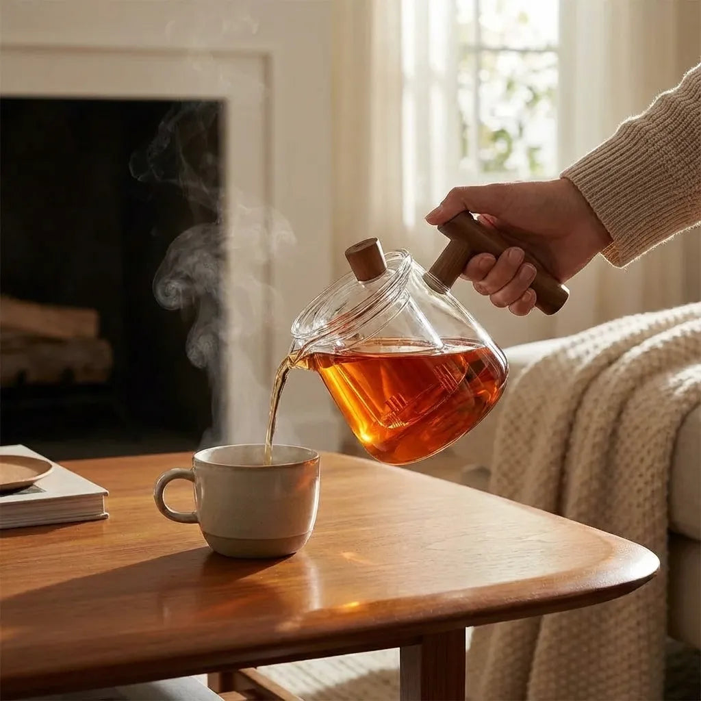 Clear glass teapot pouring tea into a cup