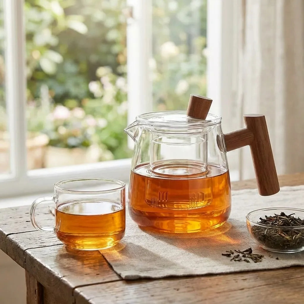 Clear borosilicate glass teapot with solid wood handle and tea inside