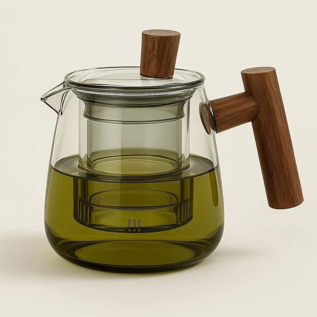 Smoky gray glass teapot with detachable infuser and solid wood handle