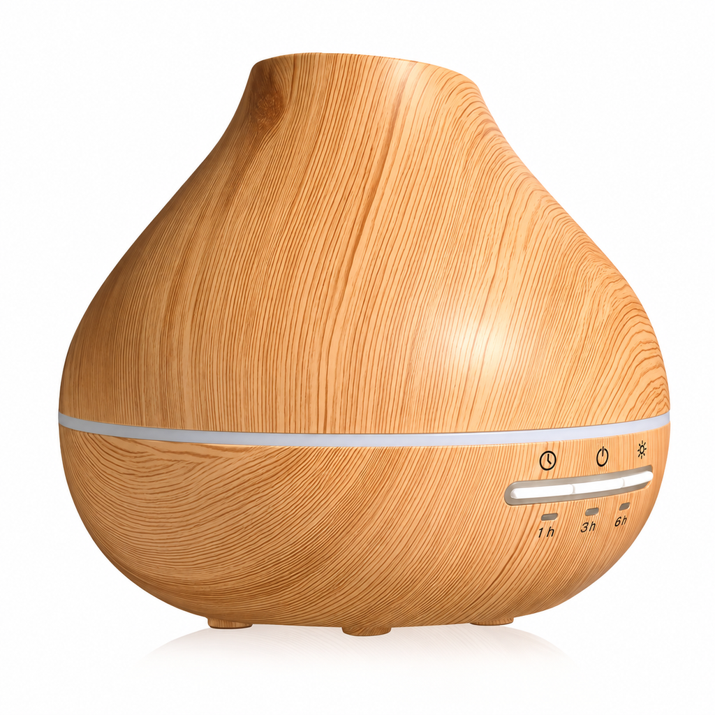 Teardrop aroma diffuser with a simulated wood grain finish on a white background