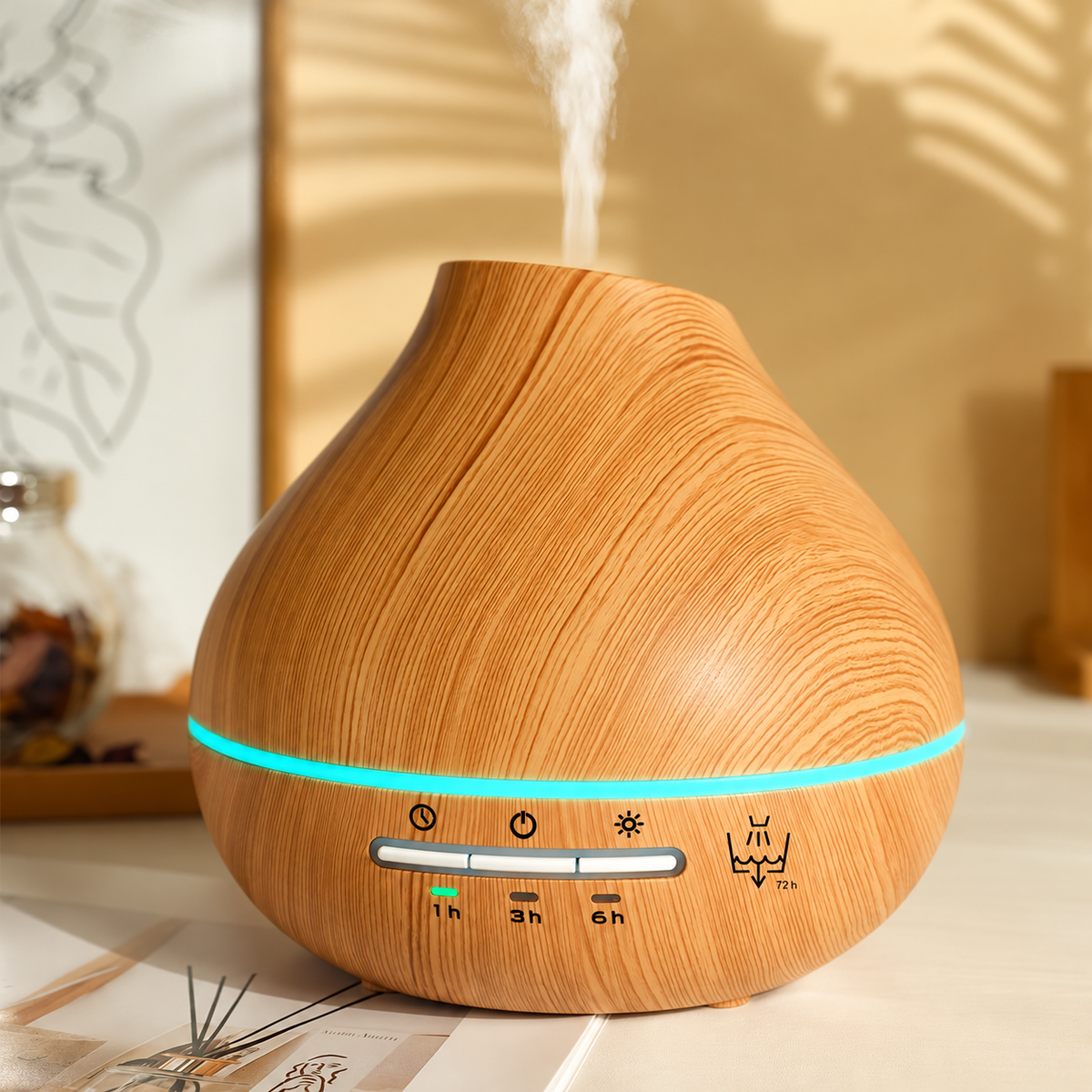 Wood grain aroma diffuser releasing mist with an aqua light ring in a sunlit room