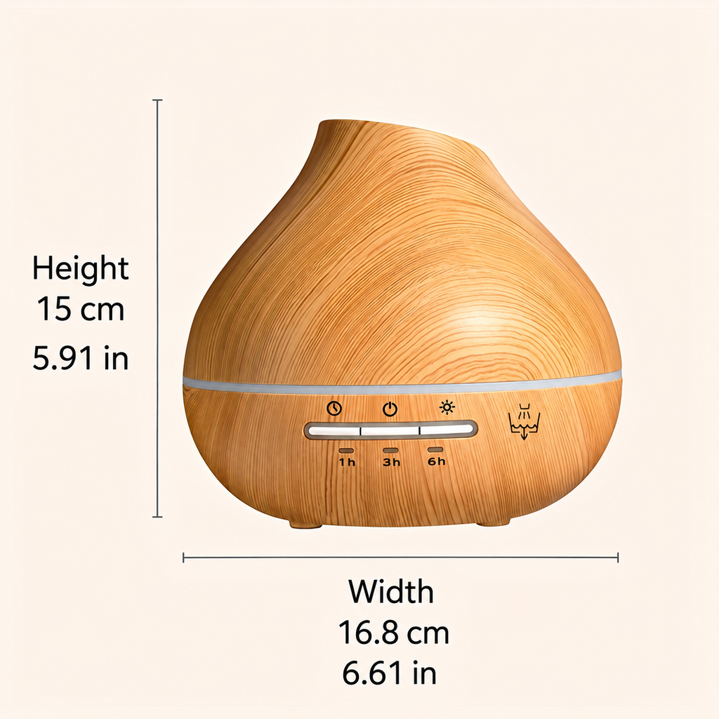 Aroma diffuser diagram showing 15 cm height and 16.8 cm width