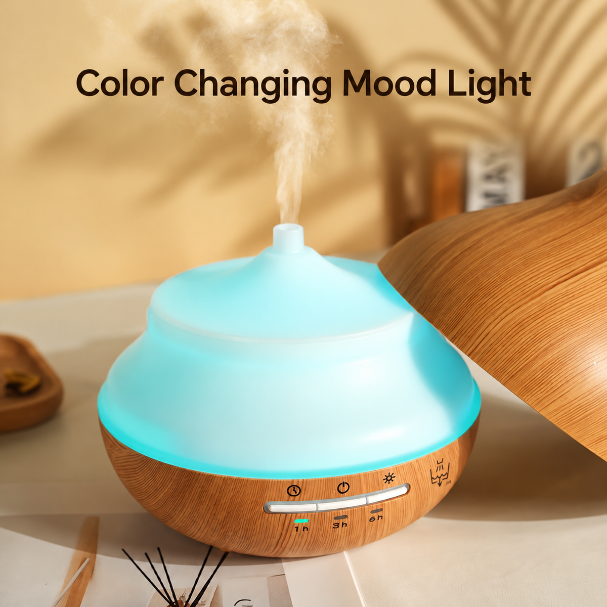 Open aroma diffuser showing the illuminated inner tank and removable wood grain cover