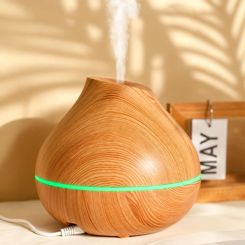 Rear view of a wood grain aroma diffuser with a green light ring and connected USB cable