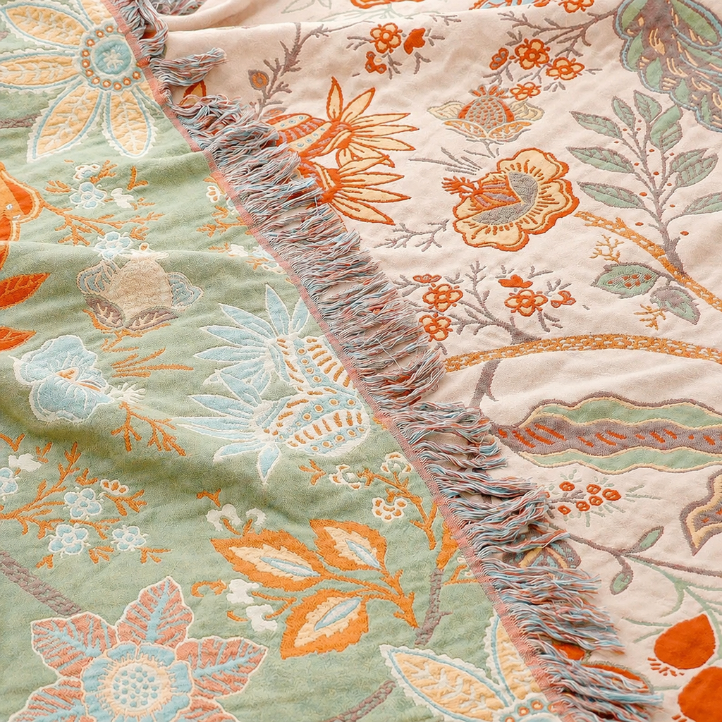 Boho floral throw blanket close up showing woven flowers and striped border