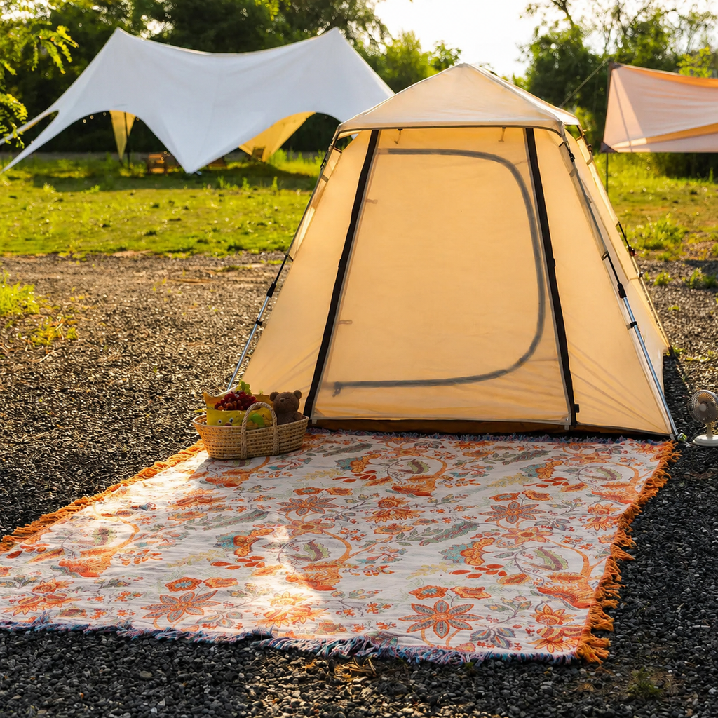 Boho floral throw blanket spread outside a tan camping tent on a sunny campsite