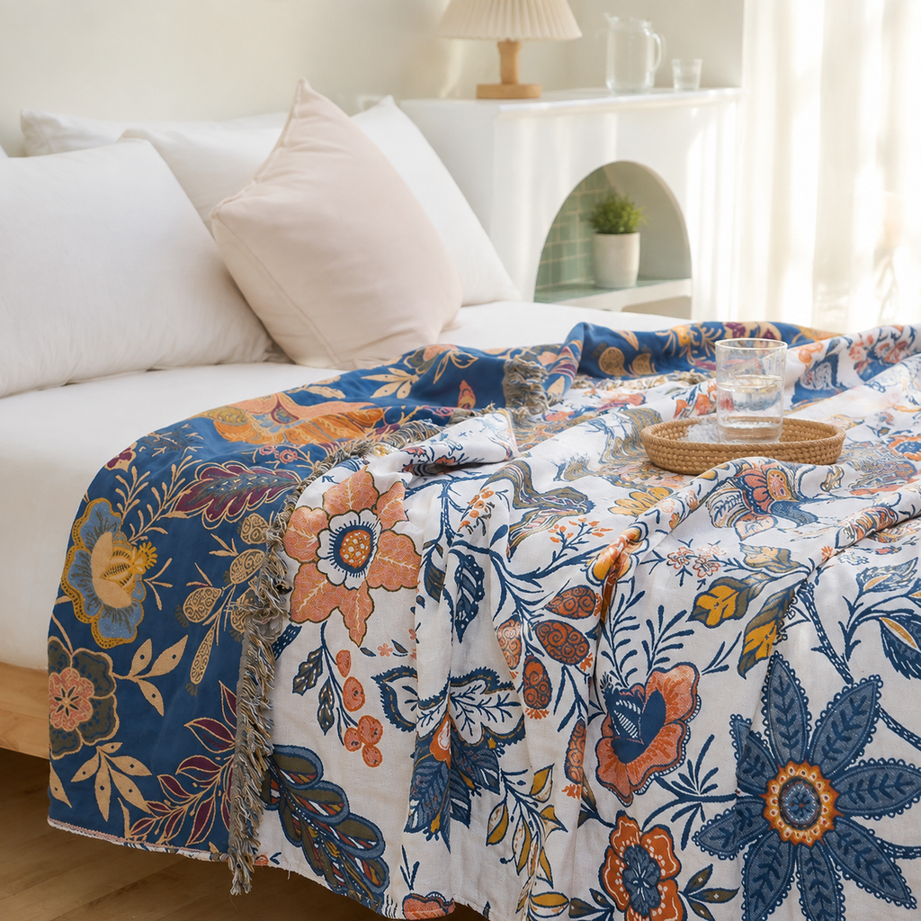 Artistic floral throw blanket spread across a bright bed with navy botanical border