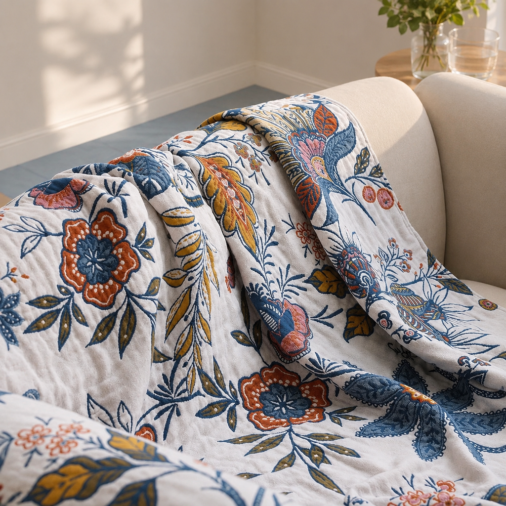 Artistic floral throw blanket draped loosely across a neutral sofa