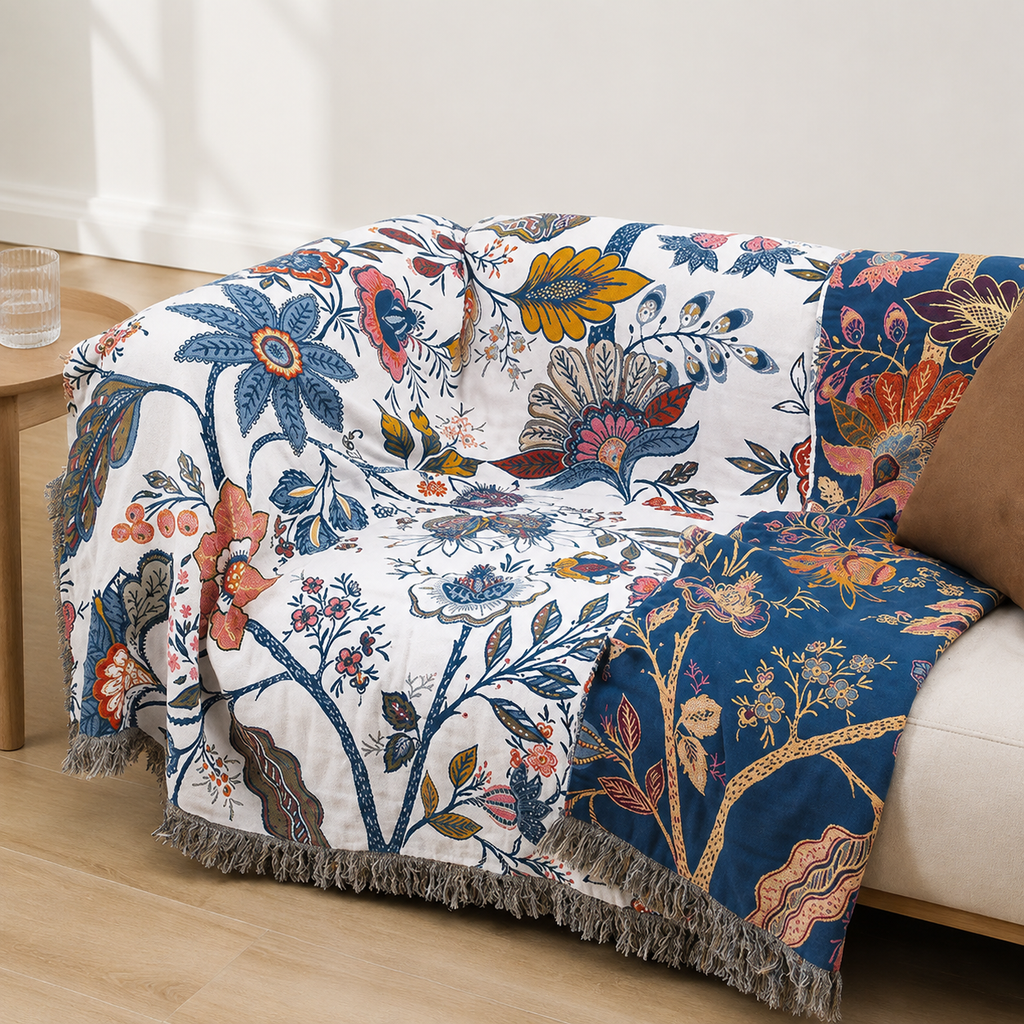 Artistic floral throw blanket draped over a sofa showing navy floral panels