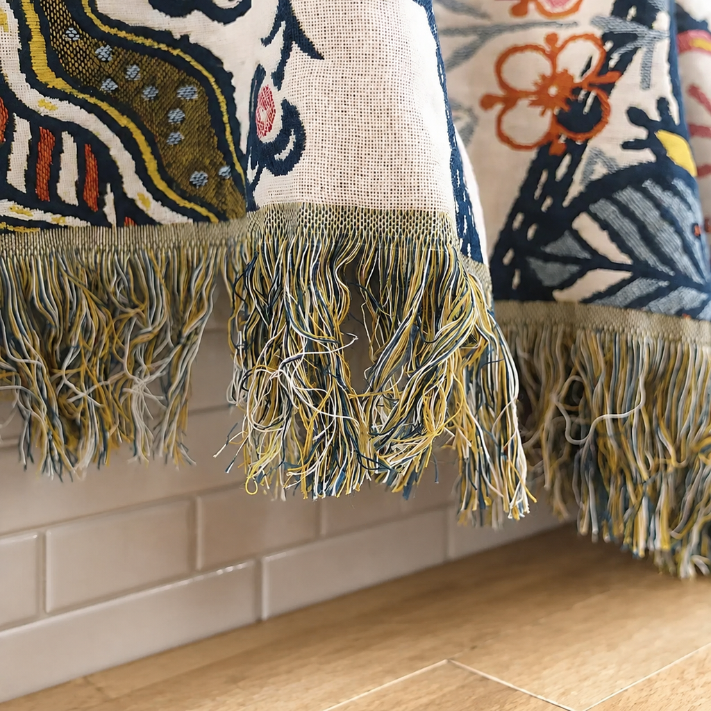 Artistic floral throw blanket close up showing multicolor tassel fringe