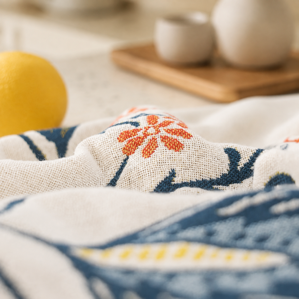 Artistic floral throw blanket macro showing the soft woven flower texture