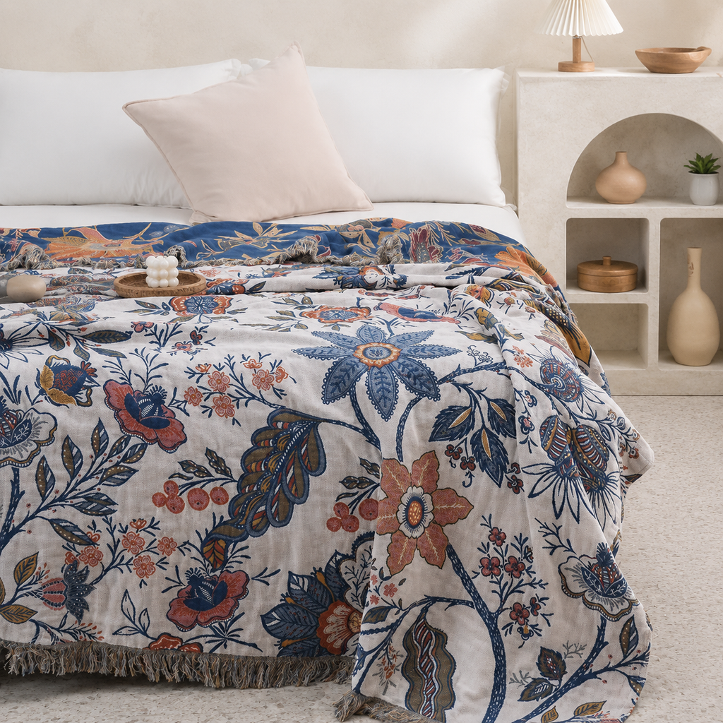 Artistic floral throw blanket fully spread across a bright neutral bed