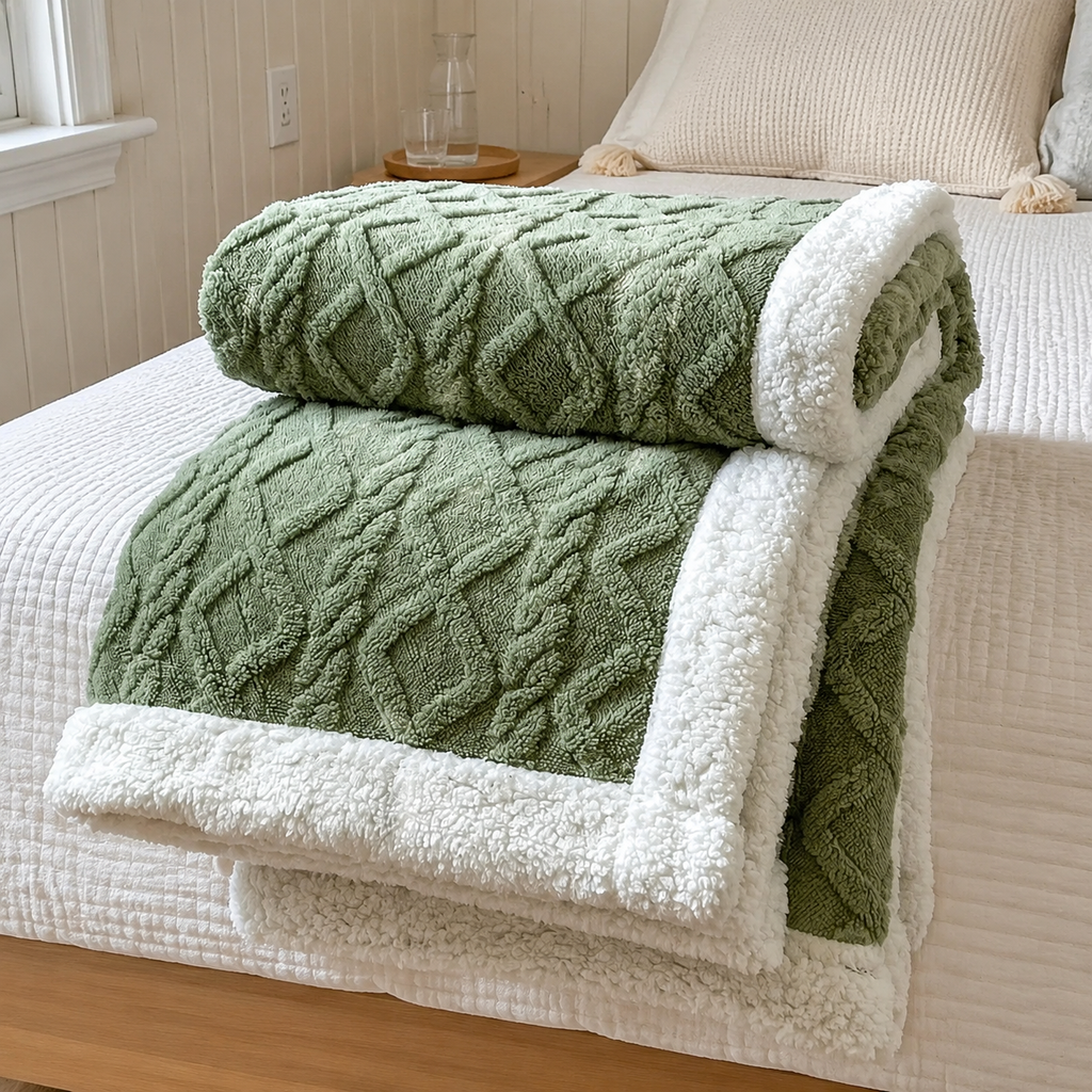 Sherpa fleece throw blanket in green rolled and draped over a bed edge