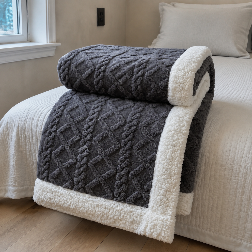 Sherpa fleece throw blanket in gray rolled and draped over a bed edge