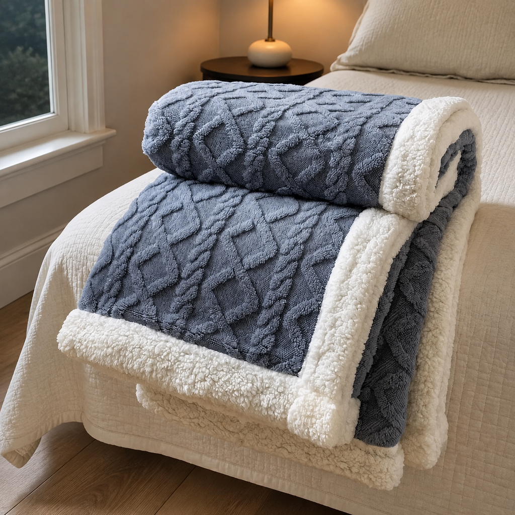 Sherpa fleece throw blanket in blue rolled and draped over a bed edge