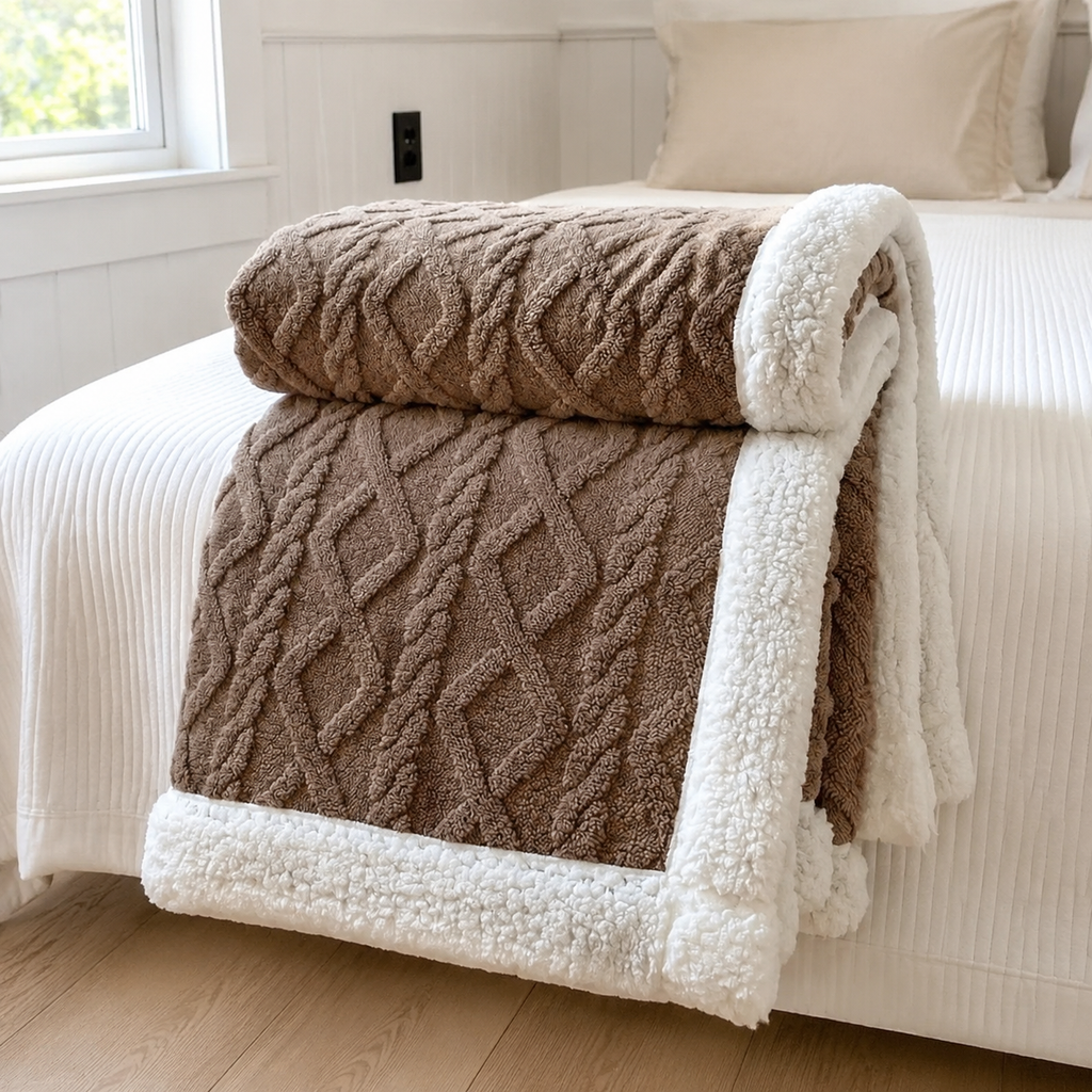 Sherpa fleece throw blanket in brown rolled and draped over a bed edge