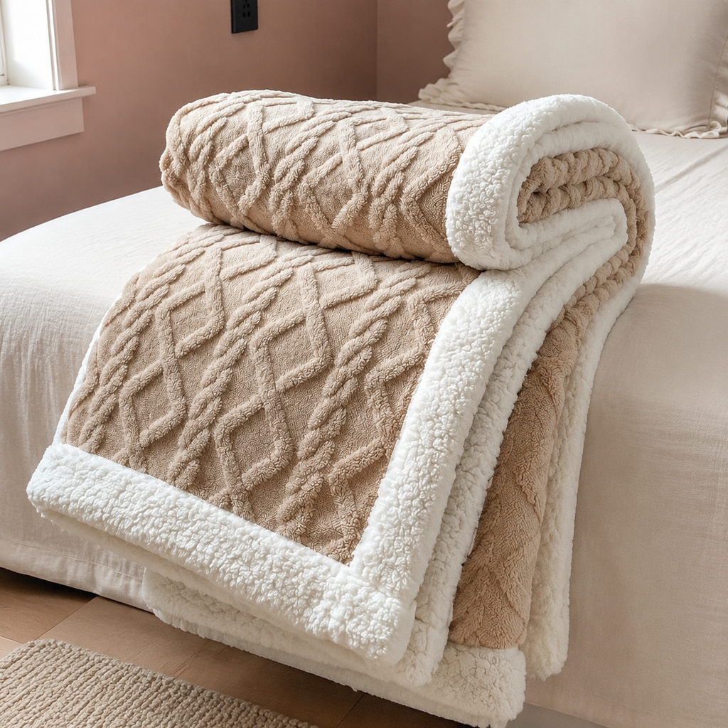 Sherpa fleece throw blanket in beige rolled and draped over a bed edge