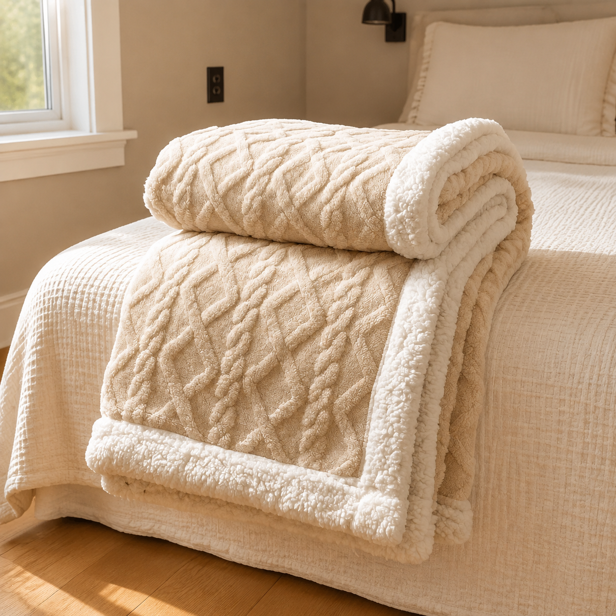 Sherpa fleece throw blanket in white rolled and draped over a bed edge