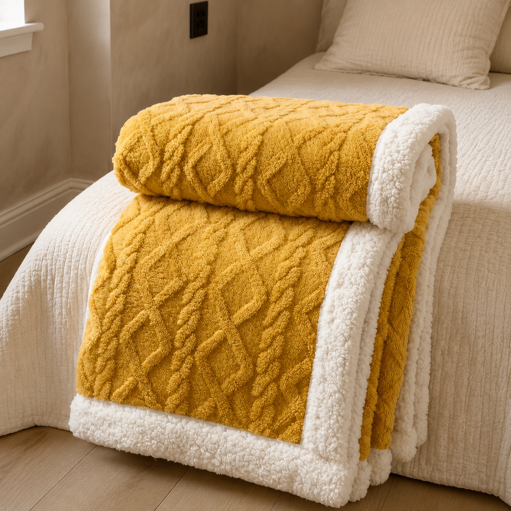 Sherpa fleece throw blanket in yellow rolled and draped over a bed edge
