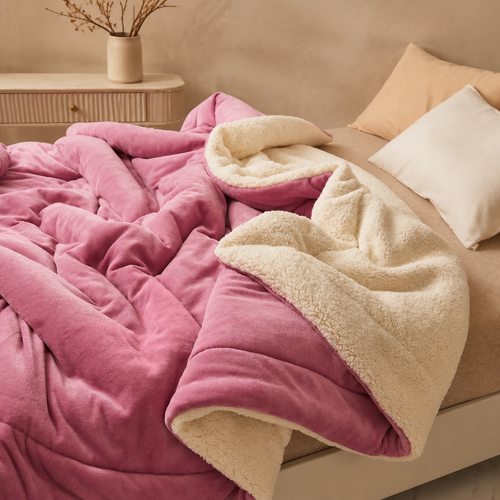 magenta sherpa throw blanket with cream lining on a pale bed