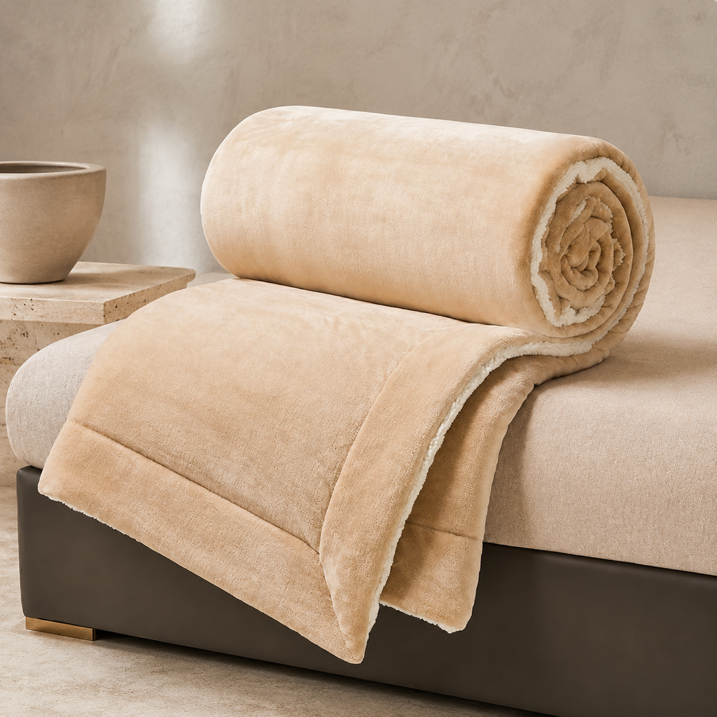 rolled beige sherpa throw blanket displayed at the foot of a bed