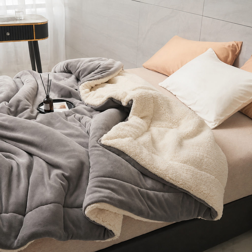 gray sherpa throw blanket with cream lining spread across a bed