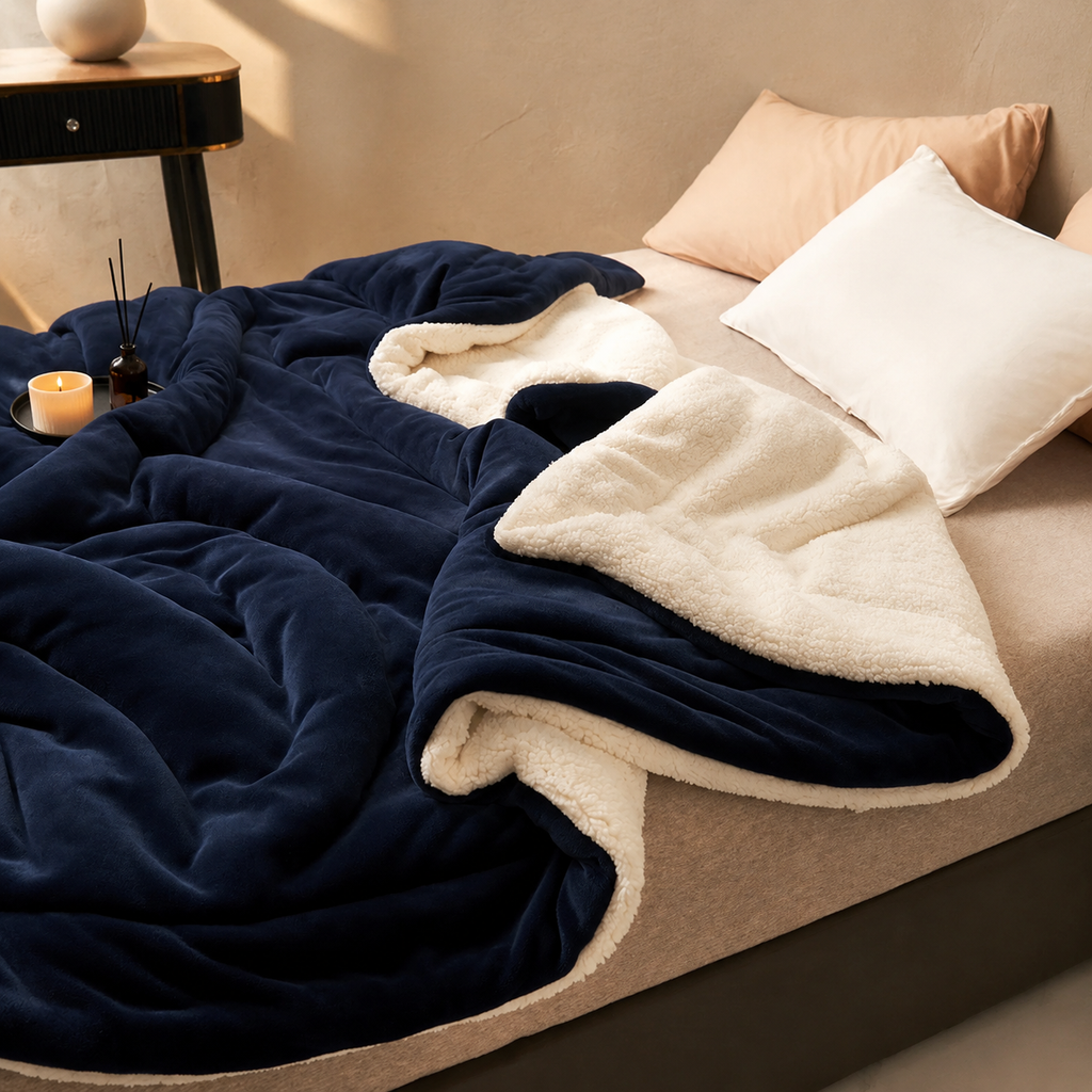 navy sherpa throw blanket with cream lining on a neutral bed