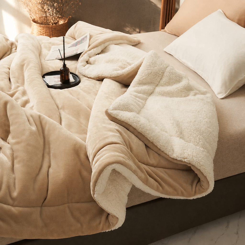 beige sherpa throw blanket folded back to reveal the plush lining