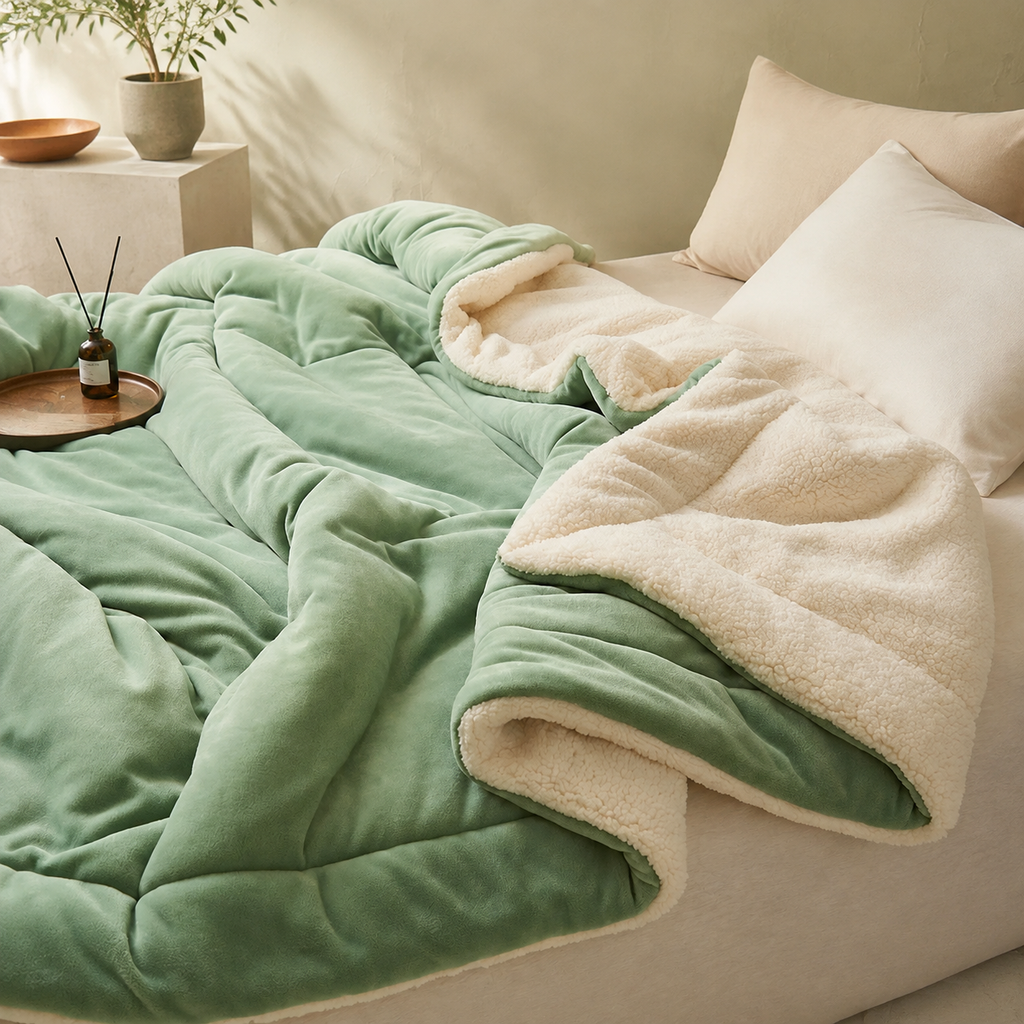 light green sherpa throw blanket spread across a cream bed