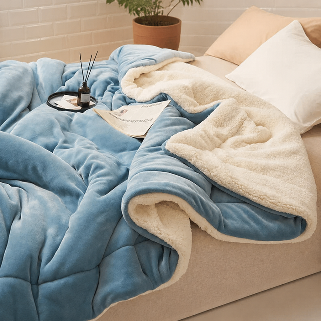 blue sherpa throw blanket with thick cream lining on a bed