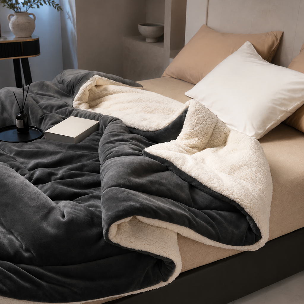 black sherpa throw blanket with plush cream reverse on a bed