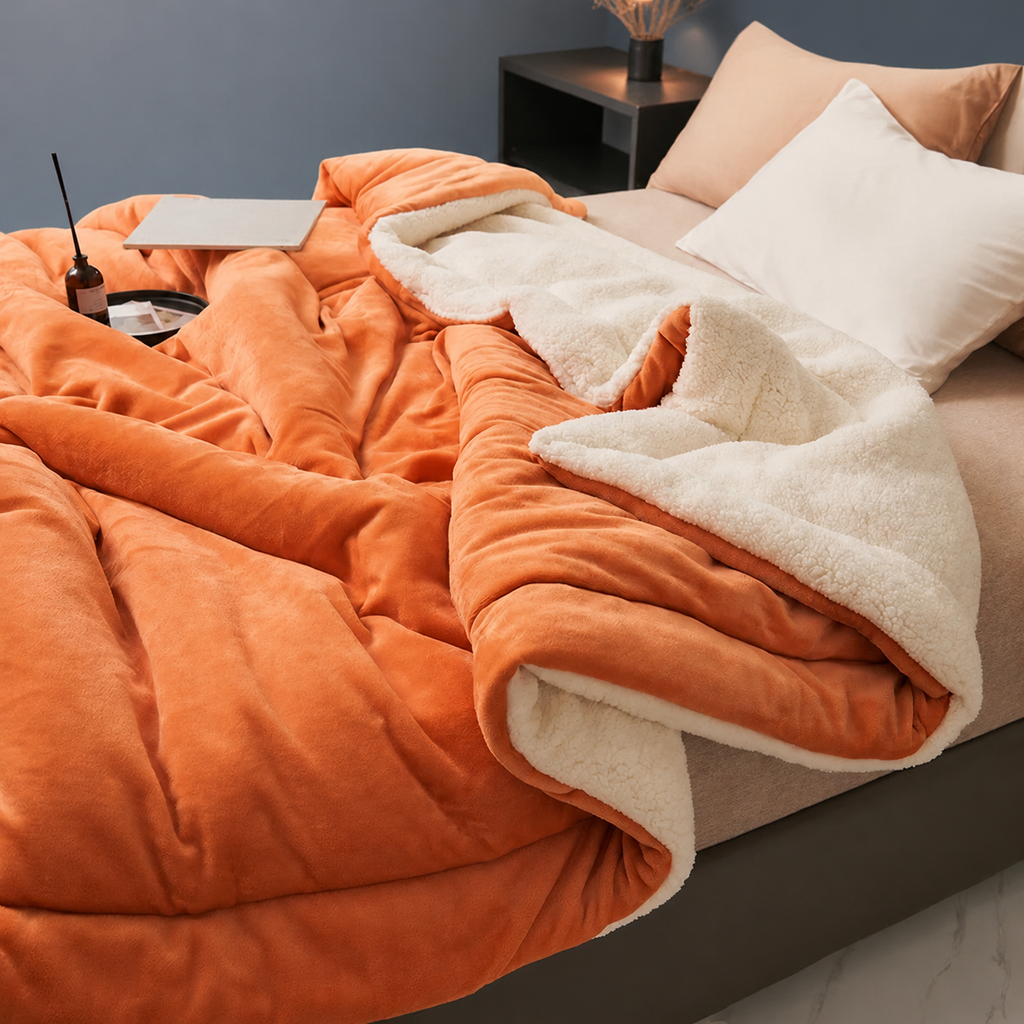 orange sherpa throw blanket with cream reverse in a warm bedroom