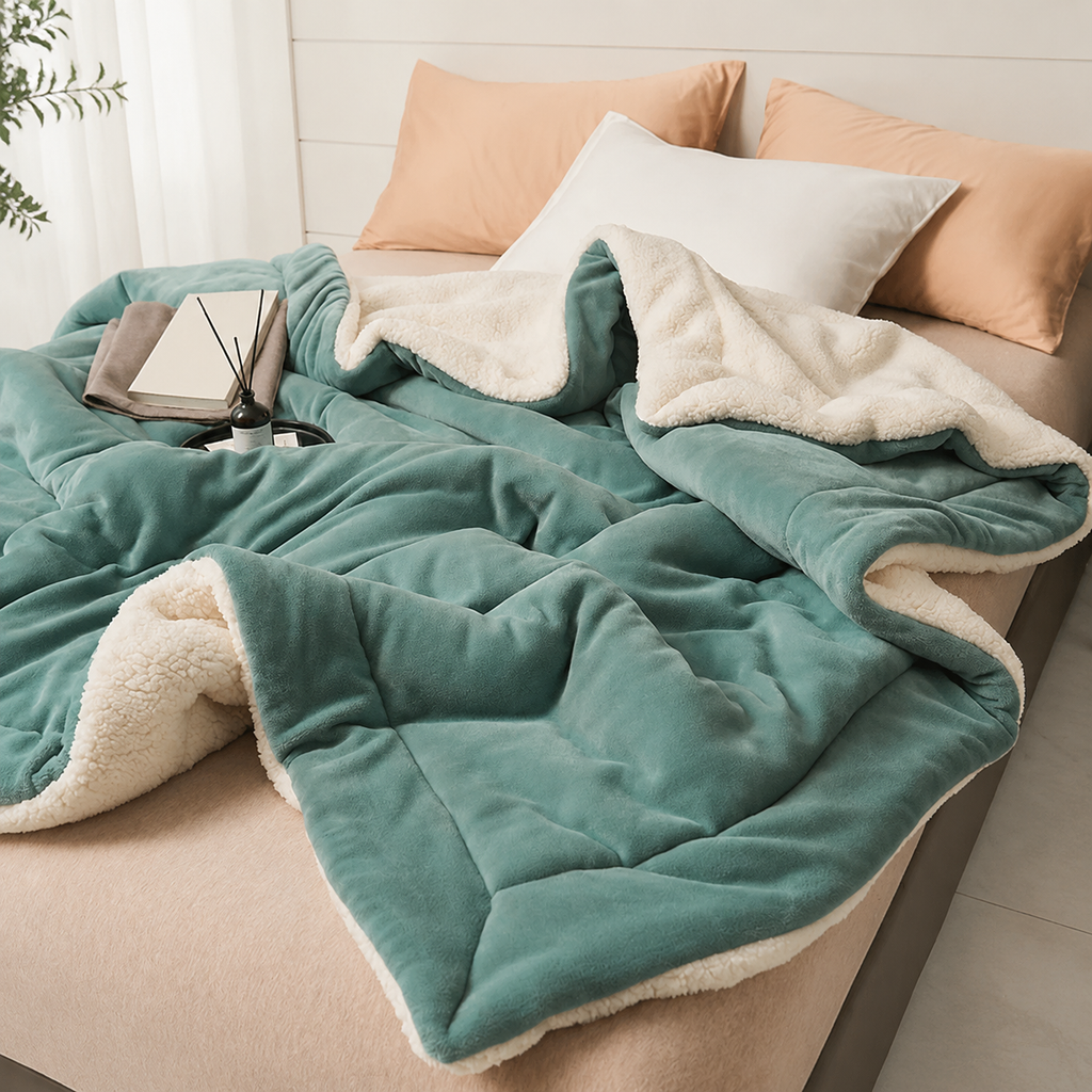 dark green sherpa throw blanket arranged across a neutral bed