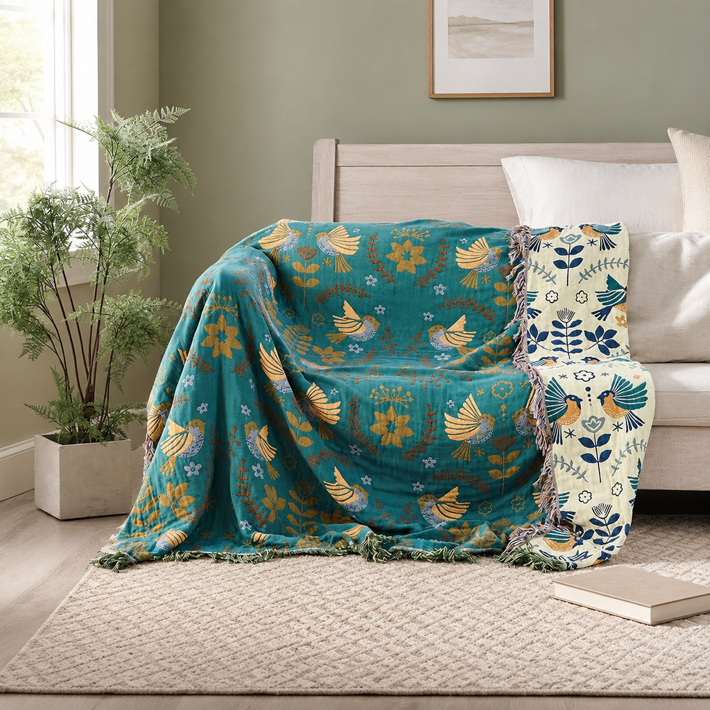 teal reversible bird throw blanket draped across an armchair