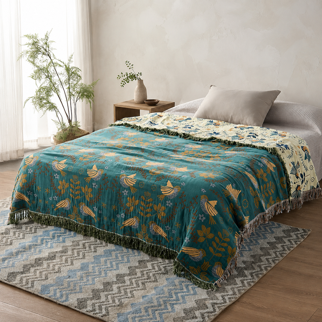 reversible bird throw blanket spread over a neutral platform bed