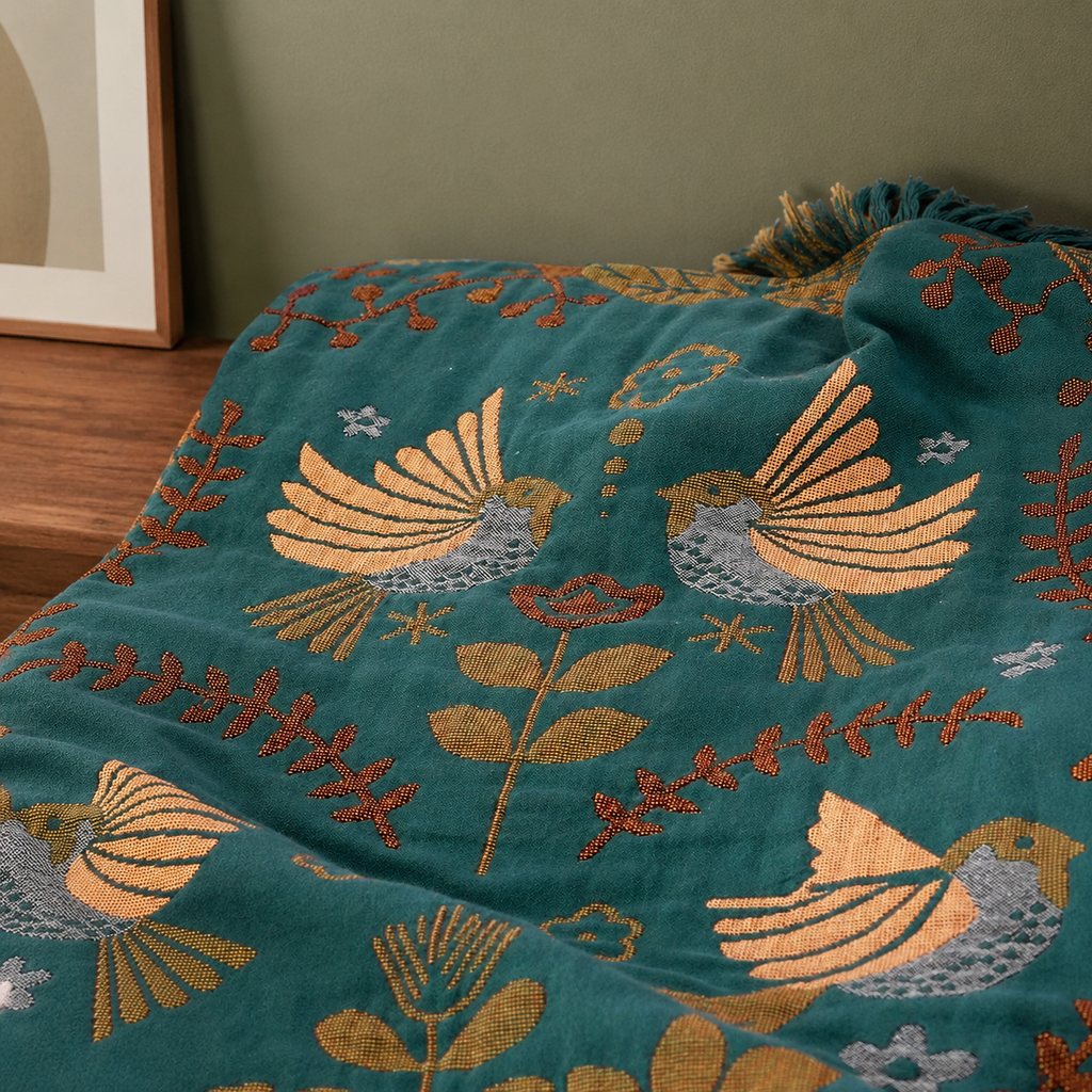close view of the teal reversible bird throw blanket motif and weave