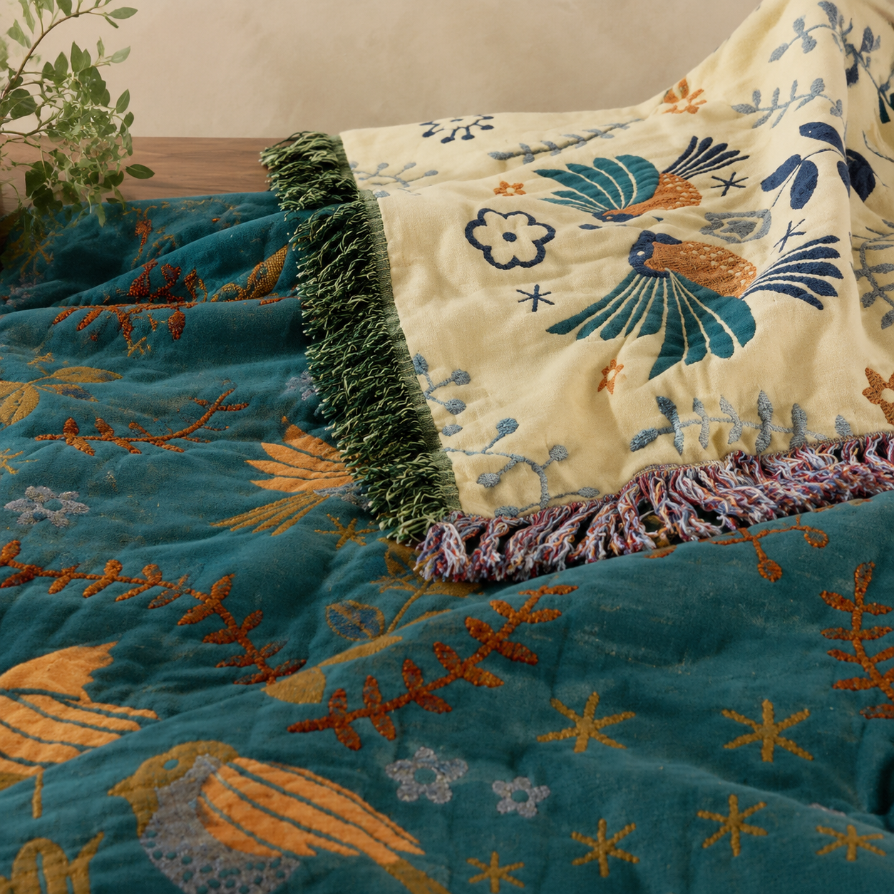 reversible bird throw blanket close-up showing cream reverse and fringe