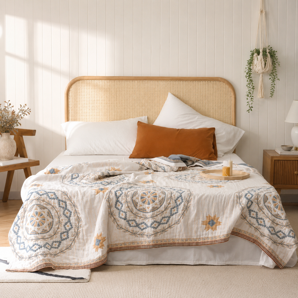cream mandala throw blanket draped across a bright woven-headboard bed