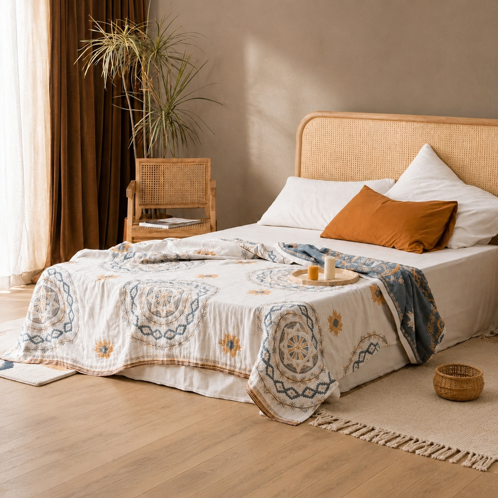 cream mandala throw blanket spread over a low bed in warm daylight