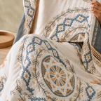 woven mandala throw blanket held up to show the detailed cotton pattern