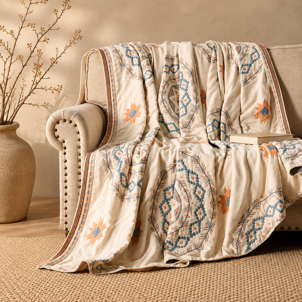 cream mandala throw blanket cascading over a classic neutral armchair