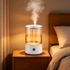 Top fill humidifier with a clear amber lit water tank and white digital control base beside a bed