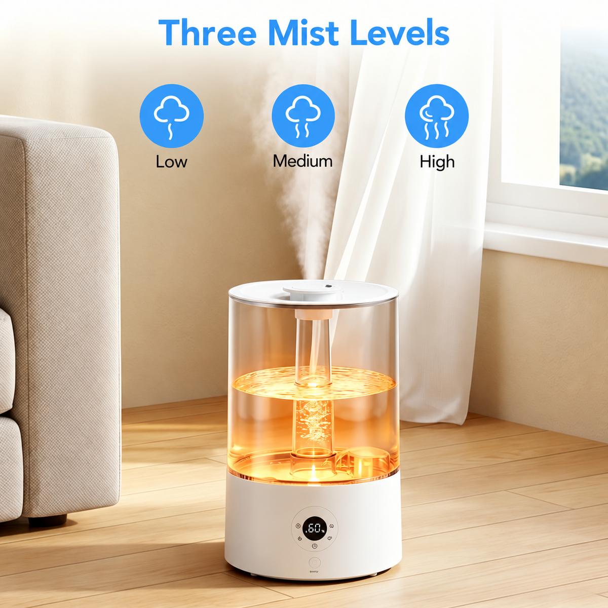 Top fill humidifier in a living room with low, medium and high mist information