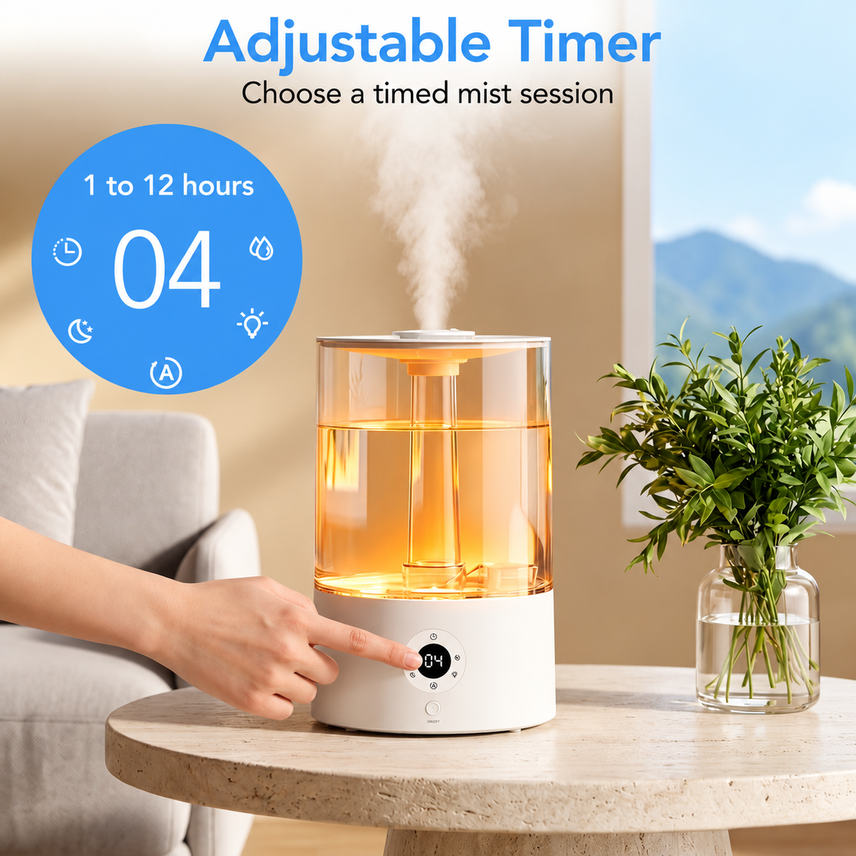 Top fill humidifier timer controls shown with a hand and enlarged control display