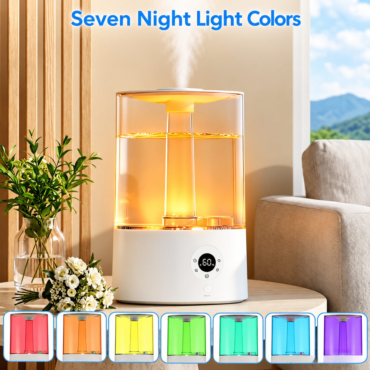 Top fill humidifier with seven small examples of its night light colors